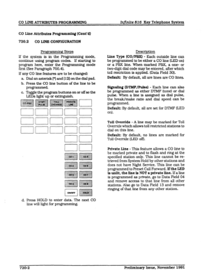 Page 86CO LINE ATTRIBUTES PROGIUMMING Infinite 816 Key Telephone System 
CO Lfne Attributes Programming (Cont’d) 
720.2 CO LINE CONFIGURATION 
gmmming Steps Description 
If the system is in the Programming mode, 
continue using program codes. If starting to 
program here, enter the Programming mode 
first (See Paragraph 700.4). 
If any CO line features are to be changed: 
a. Dial an asterisk [*] and [ 121 on the d&l pad. 
b. Press the CO line button 
of the line to be 
programmed. 
c. Toggle the program buttons...