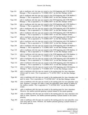 Page 104Custom Call Routing 
Type 301 
Type 302 
Type 303 
Type 304 
Type 305 
Type 306 
Type 307 
Type 308 
Type 309 
Type 310 
Type 311 
Type 312 
Type 313 
Type 314 
Type 400 
Type 401 
Type 402 
Type 403 
Type 404 
Type 405 calls to mailboxes with this type are routed to the CCR beginning with CCR Mailbox 1 
Message 1. This is equivalent to “T 
CCRBX 0001” on the Run Dialogue screen. 
calls fo mailboxes with this type are routed to the CCR beginning with CCR Mailbox 2 
Message 1. This is equivalent to “T...