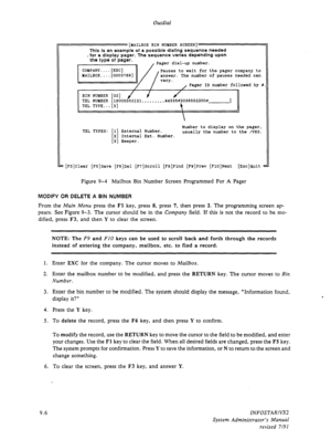 Page 132Outdial 
[MAILBOX BIN NUMBER SCREEN] 
This Is an example of a possible dialing sequence needed 
, for a display pager. The sequence varies depending upon 
the type of pager. 
Pager dial-up number. 
Pauses to wait for thepager company to 
p-,vary. answer. The number of pauses needed can 
Pager ID number followed by 
BIN NUMBER [02] 
/ 
TEL NUMBER [18005552121 
,.,,.I,,, 44335#2036552200# 
1 TEL TYPE..-.[3] 
\, 
 
TEL TYPES: [l] External Number. Number to display on the pager, 
usually the number to the...