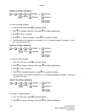 Page 142Outdial 
REVIEW AN OUTDIAL SCHEDULE 
Weekday + a Schedule 1 
Outdial Review 2 Weekend 
Admin 
0 0 
2 Schedule 2 
Ll 3 Override 
schedule 
To review an outdial schedule: 
1. From the main menu, press 
q for personal options. 
2. Press a 
for message notification, 
3. Press 
q to review a schedule. then press El 
for outdial administration. 
4. Press El 
for a weekday schedule, or press El 
for a weekend schedule. 
5. Dial the number of the schedule to be reviewed (1, 2, or 3 (override schedule)). Schedule...