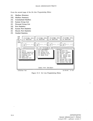 Page 148System Administration Reports 
From the second page of the On Line Programming Menu: 
WI Mailbox Directory 
WI Mailbox Summary 
WI Uninitialized Mailbox 
[Ol System Group List 
PI Personal Group List 
[Ql Port Statistics 
[RI System Port Statistics 
[W Hourly Port Statistics 
Dl Outdial Statistics 
10.4 
InfoStar Vx2 [PgUp] Prev [Esc]Quit 
12/16/91 17:24 
Figure 10-2 On Line Programming Menu 
INFOSTARIVX;! 
System Administrator’s Manual 
revised 2192 - software version 3  