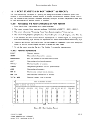 Page 163System Administration Reports 
10.11 PORT STATISTICS BY PORT REPORT (Q REPORT) 
The Port Statistics By Port report is a port by port listing of the number of times the port is used 
(number of inbound subscriber accesses,number of inbound non-subscriber accesses, outdial, and to- 
tal), the amount of time (inbound, outbound, and total) each port is in use, the percent of time busy 
for total reporting period, and the number of transfers. 
10.11.1 ACCESSING THE PORT STATISTICS BY PORT REPORT 
1. From the...