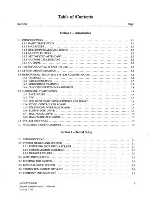 Page 6Section 
, 
Table of Contents 
Section 1 - Introduction Page 
1.1 INTRODUCTION ....................................................................... 1.1 
1.1.1 BASIC DESCRB’TION ............................................................. 1.1 
1.1.2 MAILBOXES ...................................................................... 1.2 
1.1.3 BULLETIN BOARD MAILBOXES .................................................. 1.2 
1.1.4 MULTIPLE USERS...