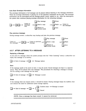 Page 69Operation 
Auto Scan Envelope information 
The envelope information of all messages can be played without listening to the messages themselves. 
While the envelope information is playing any of the playback commands can be used. The envelope 
information can be interrupted and the message played, saved, replied to, etc. After the interruption, 
the system then continues playing envelope information for the remaining messages. 
cl 1 Play message 
cl 
3 Erase 
n - PI F[ - ~~~&~~ - B Reply - K$z$ages - q...