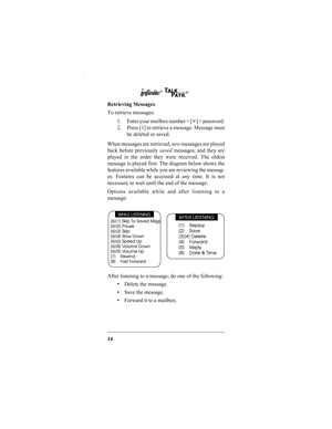 Page 1614 Retrieving Messages
To retrieve messages:
1. Enter your mailbox number + [✳] + password.
2. Press [1] to retrieve a message. Message must
be deleted or saved.
When messages are retrieved, new messages are played
back before previously saved messages, and they are
played in the order they were received. The oldest
message is played first. The diagram below shows the
features available while you are reviewing the messag-
es. Features can be accessed at any time. It is not
necessary to wait until the end...