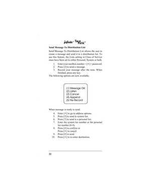 Page 2422 Send Message To Distribution List
Send Message To Distribution List allows the user to
create a message and send it to a distribution list. To
use this feature, the Lists setting in Class of Service
must have been set to either Personal, System or both.
1. Enter your mailbox number + [✳] + password.
2. Press [2] to send a message.
3. Record your message after the tone. When
finished, press any key.
The following options are now available:
When message is ready to send:
4. Enter [✳] to go to address...