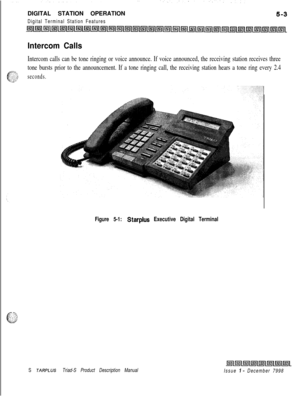 Page 109DIGITAL STATION OPERATIONDigital Terminal Station Features
Intercom Calls
Intercom calls can be tone ringing or voice announce. If voice announced, the receiving station receives three
tone bursts prior to the announcement. If a tone ringing call, the receiving station hears a tone ring every 2.4
seconds.
Figure 5-1: Starplus Executive Digital Terminal
S JARPLUS Triad-S Product Description Manual
Issue I- December 7998 