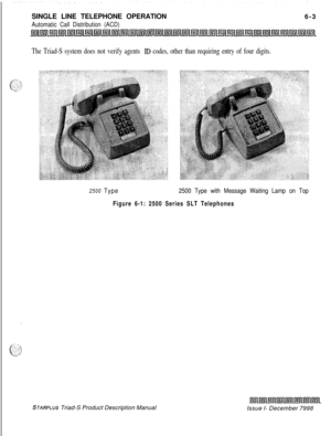 Page 189SINGLE LINE TELEPHONE OPERATIONAutomatic Call Distribution (ACD)6-3
The Triad-S system does not verify agents ID codes, other than requiring entry of four digits.
2500 Type2500 Type with Message Waiting Lamp on Top
Figure 6-1: 2500 Series SLT Telephones
STARPLUS Triad-S Product Description Manual
Issue I- December 7998 