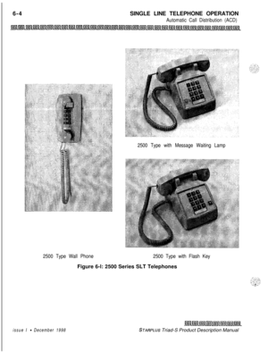 Page 1906-4SINGLE LINE TELEPHONE OPERATIONAutomatic Call Distribution (ACD)
2500 Type with Message Waiting Lamp
2500 Type Wall Phone2500 Type with Flash KeyFigure 6-l: 2500 Series SLT Telephones
issue I - December 1998STARPLUS Triad-S Product Description Manual 