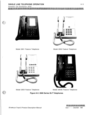 Page 191SINGLE LINE TELEPHONE OPERATION
Automatic Call Distribution (ACD)6-5
Model 2601 Feature TelephoneModel 2602 Feature Telephone
Model 2603 Feature TelephoneModel 2603E Feature Telephone
Figure 6-2: 2600 Series SLT Telephones
STARPLUS Triad-S Product Description ManualIssue 1 - December 1998 