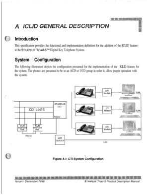 Page 253Introduction
This specification provides the functional and implementation definition for the addition of the ICLID feature
to the 
STARPLUS Triad-SThf Digital Key Telephone System.
System Configuration
The following illustration depicts the configuration presumed for the implementation of the ICLlD feature for
the system. The phones are presumed to be in an ACD or UCD group in order to allow proper operation with
the system.
STARPLUSKSU
CO LINESRS232
ICLIDICLID
‘nt&?cInt;xf;ce
1 I
RS232
SERVER
LAN...