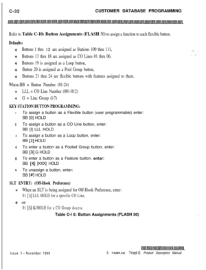 Page 290C-32CUSTOMER DATABASE PROGRAMMINGRefer to Table C-10: Button Assignments (FLASH 50) to assign a function to each flexible button.
Defaults:
QButtons 1 thru 12 are assigned as Stations 100 thru 111,
*Buttons 13 thru 18 are assigned as CO Lines 01 thru 06,
+Buttons 19 is assigned as a Loop button,
+z+Button 20 is assigned as a Pool Group button,
oButtons 21 thru 24 are flexible buttons with features assigned to them.
Where:BB = Button Number (01-24)
9LLL = CO Line Number (001-012)
3G = Line Group (l-7)
KEY...