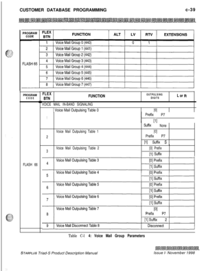 Page 297CUSTOMER DATABASE PROGRAMMINGc-39.PROGRAM
CODE
FLASH 66
FLEX
FUNCTION
BTN
VOICE MAIL IN-BAND SIGNALING
( Voice Mail Outpulsing Table 0
OUTPULSING
DIGITS
PI
L or R
11 Prefix;,; P7 1jSuffix
None
Voice Mail Outpulsing Table 1
PI
2Prefix P7
[l] Suffix S
3Voice Mail Outpulsing Table 2[0] Prefix
[l] Suffix
Table C-l 4: Voice Mail Group Parameters
STARPLUS Triad-S Product Description ManualIssue I- November 1998 