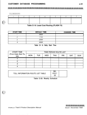 Page 309CUSTOMER DATABASE PROGRAMMING
c-51COLINEGROUPS
1234567Table C-l 8: Least Cost Routing (FLASH 75)
START TIMEDEFAULT TIME
CHANGED TIME
10800
21700
32300
4####
Table C-l 9: Daily Start Time
DE-TOLL INFORMATION ROUTE LIST TABLE
FAULT00
Table C-20: Weekly ScheduleSTARPLLJS Triad-S Product Description Manual
Issue I- November 7998 