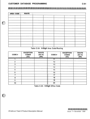 Page 319CUSTOMER DATABASE PROGRAMMING
C-61
AREA CODEROUTE 1Table C-24: 6-Digit Area Code/Routing
717
818
919
IO20
Table C-25: 
6-Digit Office Code
STARPLUS Triad-S Product Description ManualIssue I - November 1998 