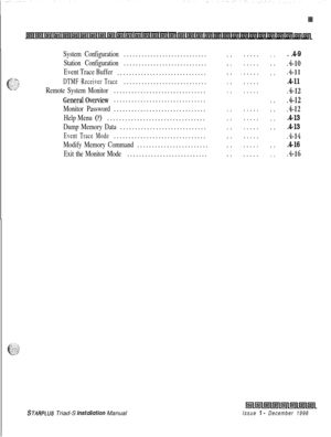 Page 327System Configuration............................
Station Configuration............................
Event Trace Buffer..............................
DTMF Receiver Trace............................
Remote System Monitor...............................
GeneralOverview...............................
Monitor Password...............................
Help Menu (?).................................
Dump Memory Data.............................
Event Trace Mode...............................
Modify Memory...