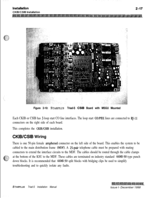 Page 351Figure 2-10: STARPLUS Triad-S CSIB Board with MSGU Mounted
Each CKIB or CSIB has 3 loop start CO line interfaces. The loop start CO/PBX lines are connected to RJ-11
connectors on the right side of each board.
This completes the 
CKIB/CSIB installation.
CKIB/CSIB Wiring
There is one 50-pin female amphenol connector on the left side of the board. This enables the system to be
cabled to the main distribution frame 
(MDF). A 25-pair telephone cable must be prepared with mating
connectors to extend the...