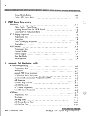 Page 390vi
Display Flexible Buttons................................................4-30
Cordless KTU Feature Button...........................................
.4-33
5ICLID Route Programmingi i,.: .,
Introduction~ .1 --’.............................................................
..5- 1
Calling Number / Name Display...........................................5-l
Incoming Number/Name for SMDR Records................................,5-2
Unanswered Call Management Table......................................,5-2...