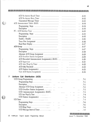 Page 391vii
ACD No-Answer Recall Timer.....................
ACD No-Answer Retry Timer......................
Guaranteed Message Timer......................
ACD Announcement Tables (RAN)......................
Programming Steps............................
Description...................................
PC / ACD Interface Trace..............................
Programming Steps............................
Description...................................
Enable / Disable...............................
Trace Port...