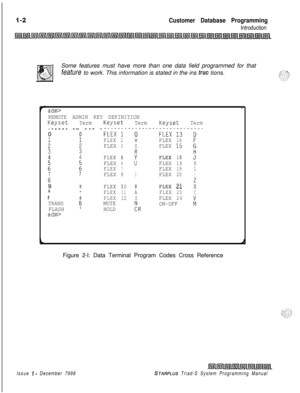 Page 398Customer Database Programming
IntroductionSome features must have more than one data field programmed for that
feature to work. This information is stated in the ins 
true tions.
adm>1
REMOTE ADMIN KEY DEFINITIONKeysetTermKeysetTermKeysetTerm_ _ _ _ _ _ - _ _0
:
i
z
L9
*
#TRANS
FLASH
adm>
_ - _ _ - - _
0
:
i
z7F~Ex-J---a------FLEx-i3---~--
FLEX2WFLEX14FLEX3EFLEX15k
FLEX
4FLEX5:FLEX16 FLEX17JHFLEX6FLEX18K
FLEX7:FLEX19LFLEX8IFLEX20:
8FLEX90FLEX2i9FLEX10PFLEX22s...
