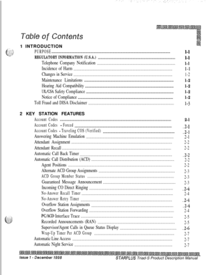 Page 51 INTRODUCTIONPURPOSE..............................................................................................................................l-l
REGULATORY INFORMATION (U.S.A.)
..................................................................................l-l
Telephone Company Notification...................................................................................l-l
Incidence of...