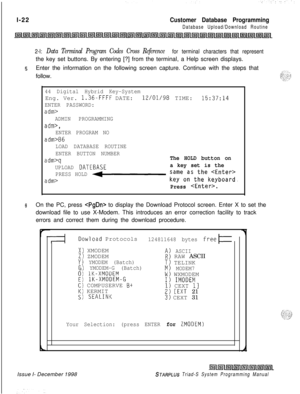 Page 418l-22Customer Database Programming
Database Upload/Download Routine
2-I: Data Terminal Program Codes Cross Reference for terminal characters that representthe key set buttons. By entering [?] from the terminal, a Help screen displays.
5Enter the information on the following screen capture. Continue with the steps that
follow.
44 Digital Hybrid Key-SystemEng. Ver. 
1.36-FFFF DATE:12/01/98 TIME:15:37:14
ENTER PASSWORD:
admr
ADMIN PROGRAMMING
adm>,
ENTER PROGRAM NO
adm>86
LOAD DATABASE ROUTINE
ENTER BUTTON...