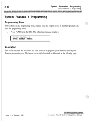 Page 442System Parameters Programming
System Features 1 Programming
System Features 1 Programming
Programming Steps
If the system is in the programming mode, continue using the program codes, If starting to program here,
enter the programming mode.
1Press FLASH and dial [05]. The following message displays:
I
SYSTEM FEATURES 1
ENTER BUTTON NUMBER
I
Description
This section describes the procedures and steps necessary to program System Features in the System
Features programming area. The buttons on the digital...