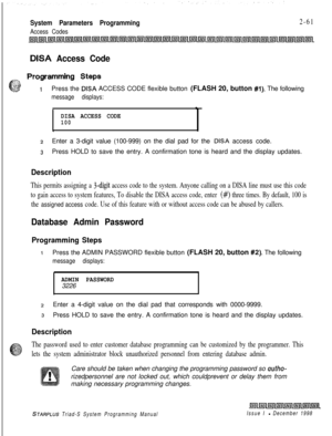 Page 483System Parameters Programming
Access Codes
2-61
DISA Access Code
.s3w Programming Steps
Q’,..“.S.,z.;&?--. 