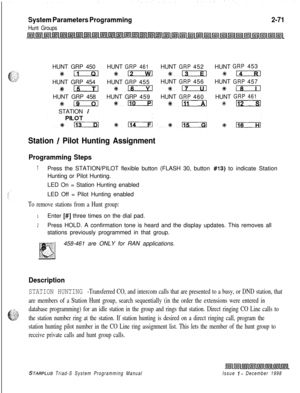 Page 493System Parameters Programming
Hunt Groups
2-71HUNT GRP 450HUNT
GRP461HUNTGRP452HUNTGRP453
3&m*aQ13 4814HUNT GRP 454HUNT
GRP455HUNTGRP456HUNTGRP457
%+ms-%8- *mrilHUNT GRP 458HUNTGRP459HUNT
GRP460HUNTGRP461
+%19#l!iorxls:-a#II:,STATION 
/
Station / Pilot Hunting Assignment
Programming Steps
1Press the STATION/PILOT flexible button (FLASH 30, button #13) to indicate Station
Hunting or Pilot Hunting.
LED On = Station Hunting enabled
LED Off = Pilot Hunting enabled
To remove stations from a Hunt group:
1Enter...