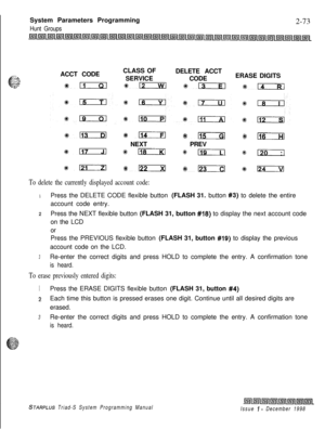 Page 495 I  ..System Parameters Programming
Hunt Groups2-73
CLASS OF
DELETE ACCT
-_-;