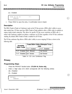 Page 502CO Line Attributes ProgrammingPage A Introduction
[I] = Enabled
DISA CO TO COO-l
ENABLED
I
3Press HOLD to save the entry. A confirmation tone is heard.
Description
The DISA Trunk-to-Trunk (or Conference) mark on the CO line governs a DISA caller’s ability to access
other outside lines. CO lines must have DISA Trunk-to-Trunk enabled to allow a DISA caller to establish an
outgoing trunk-to-trunk connection. This allows for specific CO line access restriction on DISA calls. A
station with Conference enabled...