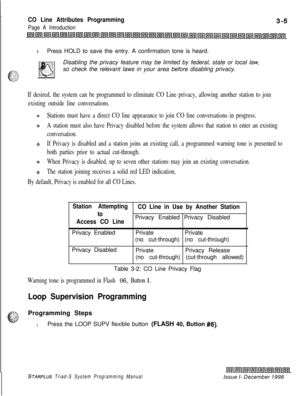 Page 503CO Line Attributes Programming
Page A Introduction
3Press HOLD to save the entry. A confirmation tone is heard.
Disabling the privacy feature may be limited by federal, state or local law,
so check the relevant laws in your area before disabling privacy.
If desired, the system can be programmed to eliminate CO Line privacy, allowing another station to join
existing outside line conversations.
+Stations must have a direct CO line appearance to join CO line conversations in progress.
9A station must also...
