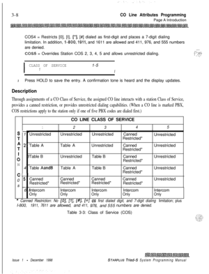 Page 5063-8CO Line Attributes ProgrammingPage A Introduction
COS4 = Restricts [0], [I], 
[*I, [#] dialed as first-digit and places a 7-digit dialing
limitation. In addition, 
I-800,1911, and 1611 are allowed and 411, 976, and 555 numbers
are denied.
COS5 = Overrides Station COS 2, 3, 4, 5 and allows unrestricted dialing.
I
CLASS OF SERVICE1-51I
3Press HOLD to save the entry. A confirmation tone is heard and the display updates.
Description
Through assignments of a CO Class of Service, the assigned CO line...