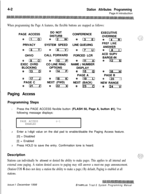 Page 5264-2Station Attributes ProgrammingPage A Introduction
When programming the Page A features, the flexible buttons are mapped as follows:PAGE ACCESSDO NOT
CONFERENCEEXECUTIVE
DISTURB
OVERRIDE
*n %a %+13 %pi--RlPRIVACYSYSTEM SPEEDLINE QUEUING
PREF LINEANSWER
%15 %+m #ITILl #IT--i-lOHVOCALL FORWARD
FORCED LCRACD SUPV
BARGE-IN
*n%+110 #a %i!cExlEXEC OVRDCO LINE RINGNAME 
/ NUMBER
BLOCKINGOPTIONS
DISPLAY
#L13 *114 Sk+- #CPAGE APAGE B
#a 1118 9119e (301PAGE CNEXT (FWD)
NEXT (BACK)
NEW RANGE
%D %kD 1123-%%n...