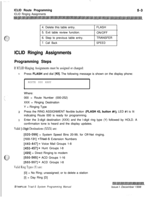 Page 561.,.
ICLID Route Programming
ICLID Ringing Assignments4. Delete this table entry.
5. Exit table review function.
6. Step to previous table entry.
7. Call BackFLASH
ON/OFF
TRANSFERSPEED
ICLID Ringing Assignments
Programming Steps
If ICLID Ringing Assignments must be assigned or changed:
iPress FLASH and dial [43]. The following message is shown on the display phone:
ROUTE 000 XXXY
c.Where:
000 = Route Number (000-252)
XXX = Ringing Destination
Y = Ringing Type
2Press the RING ASSIGNMENT flexible button...