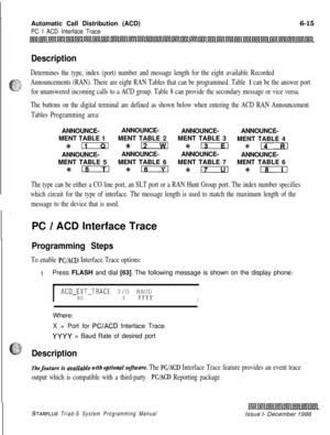 Page 581Automatic Call Distribution (ACD)PC I ACD Interface Trace6-15
Description
Determines the type, index (port) number and message length for the eight available Recorded
Announcements (RAN). There are eight RAN Tables that can be programmed. Table 
1 can be the answer port
for unanswered incoming calls to a ACD group. Table 8 can provide the secondary message or vice versa.
The buttons on the digital terminal are defined as shown below when entering the ACD RAN Announcement
Tables Programming...