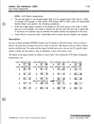 Page 597Uniform Call Distribution (UCD)
UCD Group Programming
[###I = UCD Station assignments
2The top left button in the flexible button field is lit for programming UCD Group 1 (550).
To change UCD groups or enter further UCD groups (550 to 
557), press the appropriate
flexible button and perform the following procedures.
3Enter the 3-digit station numbers of the stations in the UCD group in the order in which
they are to be checked. The order is relevant for the first call, then the rule is oldest idle.
A...