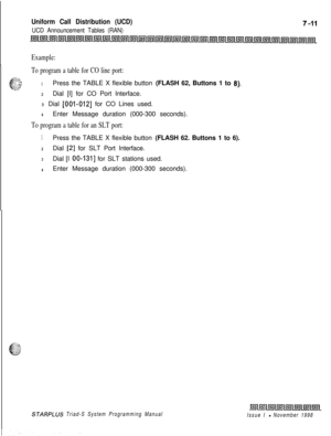 Page 603Uniform Call Distribution (UCD)
UCD Announcement Tables (RAN)
Example:
To program a table for CO line port:
