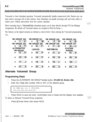 Page 6068-2Voicemail Groups (VM)
Voicemail Programming
Voicemail or Auto Attendant operation. Voicemail automatically handles unanswered calls. Station user can
then retrieve messages left at their stations. Auto Attendants can handle incoming calls and route callers to
station users without intervention from the systems attendant.
,, .,.., \.L. _: :;:
Direct incoming ring to VoicemaibAuto Attendant groups can be done directly through CO Line Ringing
Assignments. By default, all Voicemail stations are assigned...