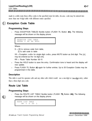 Page 635Least Cost Routing (LCR)
LCR TablesIO-7
made to a table route those office codes to the specified route list table, An area code may be entered into
more than one 6-digit table with different routes specified.
..:.A
8:.:;$ Exception Code Table
Programming StepsIPress EXCEPTION TABLES flexible button (FLASH 75, Button 
#3). The following
message will be shown on the display phone:
EXCEPTION CODE TABLEENTER S XX RR HOLD
.Where:
S = [0] to remove code from table,
[I] to add code to table
XX = Exception...