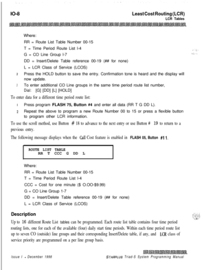 Page 636IO-8Least Cost Routing (LCR)
LCR TablesWhere:
RR = Route List Table Number 00-15
T = Time Period Route List l-4
G = CO Line Group l-7
DD = Insert/Delete Table reference 00-19 (## for none)
L = LCR Class of Service (LCOS)
zPress the HOLD button to save the entry. Confirmation tone is heard and the display will
now update.
3To enter additional CO Line groups in the same time period route list number,
Dial:[G] [DD] [L] [HOLD]
To enter data for a different time period route list:IPress program FLASH 75,...