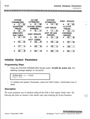 Page 646Initialize Database ParametersIntroductionSYSTEM
PARAMETERS
4k;:EXCEPTION
TABLES
#15DIRECTORY
DIAL TABLE
slg
1113
*117
6121CO LINE
ATTRIBUTES
*lziaSYSTEM SPEED
NUMBERS
#IsHUNT GROUPS
s#-ACCT CODES
%+114STATION
ATTRIBUTESPORT 
- STA/CO
*EcIEl +%DLCR TABLES
ICLID-DIDTABLES
gm *LEil
ACD* OR UCDVOICEMAIL
GROUPS
GROUPS
%a %112
Initialize System Parameters
Programming Steps
1Press the SYSTEM PARAMETERS flexible button (FLASH 80, button #l). The
following message displays on the phone:
.INITIALIZE SYS 
PARAM...