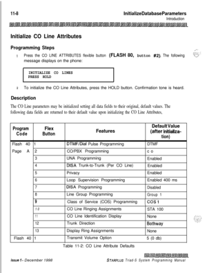 Page 65211-8Initialize Database Parameters
Introduction
Initialize CO Line Attributes
Programming Steps_-.
iPress the CO LINE ATTRIBUTES flexible button (FLASH 80, button #2). The following.cy_. .:,.., . _!. ...Tzmessage displays on the phone:
INITIALIZE CO LINES
PRESS HOLD
.
zTo initialize the CO Line Attributes, press the HOLD button. Confirmation tone is heard.
Description
The CO Line parameters may be initialized setting all data fields to their original, default values. The
following data fields are...