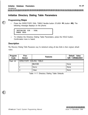 Page 661.
Initialize Database Parameters
Introduction
Initialize Directory Dialing Table ParametersProgramming Steps
IPress the DIRECTORY DIAL TABLE flexible button (FLASH 80, button #9). The
following message displays on the phone:
INITIALIZE DIR - DIAL
PRESS HOLD
2To initialize the Directory Dialing Table Parameters, press the HOLD button.
Confirmation tone is heard.
Description
The Directory Dialing Table Parameters may be initialized setting all data fields to their original, default
values.
Program...