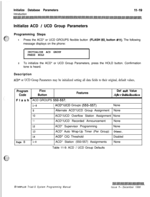 Page 663Initialize Database Parameters
Introduction
Initialize ACD / UCD Group ParametersProgramming Steps
tPress the ACD* or UCD GROUPS flexible button (FLASH 80, button #Ii). The following
message displays on the phone:
INITIALIZE ACD GROUP
PRESS HOLD
zTo initialize the ACD* or UCD Group Parameters, press the HOLD button. Confirmation
tone is heard.
Description
ACD* or UCD Group Parameters may be initialized setting all data fields to their original, default values,
Program
CodeFlash
Page B
. .
Flex...