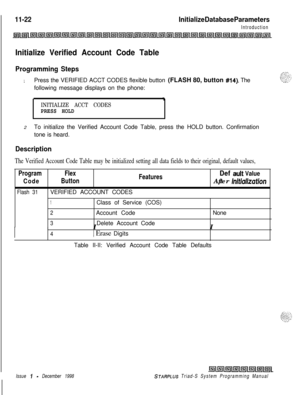 Page 666 I11-22Initialize Database Parameters
Introduction
Initialize Verified Account Code Table
Programming Steps
1Press the VERIFIED ACCT CODES flexible button (FLASH 80, button #14). The
following message displays on the phone:
Y
INITIALIZE ACCT CODESPRESS HOLD2To initialize the Verified Account Code Table, press the HOLD button. Confirmation
tone is heard.
Description
The Verified Account Code Table may be initialized setting all data fields to their original, default values,
ProgramFlex
FeaturesDef auk...