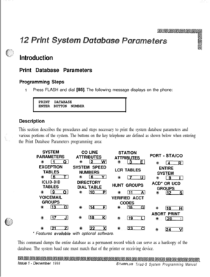 Page 669Introduction
Print Database Parameters
Programming Steps
1Press FLASH and dial [85]. The following message displays on the phone:
PRINT DATABASE
ENTER BUTTON NUMBER
Description
This section describes the procedures and steps necessary to print the system database parameters and
various portions of the system. The buttons on the key telephone are defined as shown below when entering
the Print Database Parameters programming area:SYSTEM
CO LINE
STATION
PARAMETERS
ATTRIBUTES
ATTRIBUTESPORT 
- STA/CO
III *n...