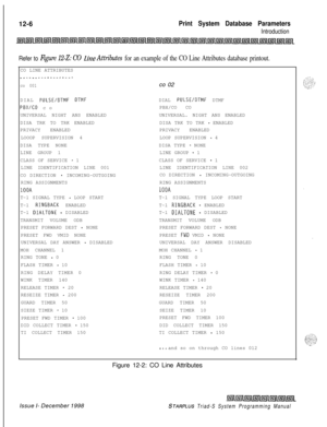 Page 67412-6Print System Database Parameters
Introduction
Refer to 
Figure 12-Z: CO Li?ze Attributes for an example of the CO Line Attributes database printout.CO LINE ATTRIBUTES
-_.__....--..--..-
co 001DIAL 
PULSE/DTMF DTMF
PBX/CO co
UNIVERSAL NIGHT ANS ENABLED
DISA TRK TO TRK ENABLED
PRIVACY ENABLED
LOOOP SUPERVISION 4
DISA TYPE NONE
LINE GROUP 1
CLASS OF SERVICE 
- 1
LINE IDENTIFICATION LINE 001
CO DIRECTION 
- INCOMING-OUTGOING
RING ASSIGNMENTS
1OOAT-l SIGNAL TYPE 
- LOOP START
T-l 
RINGBACK ENABLED
T-l...