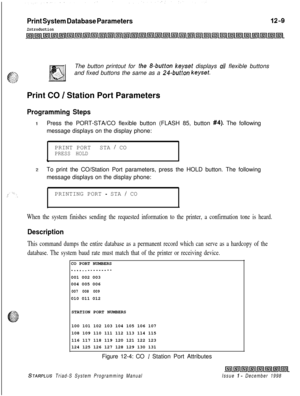 Page 677Print System Database Parameters
IntroductionThe button printout for 
the 8-button keyset displays u/l flexible buttons
and fixed buttons the same as a 
24-button keyset.Print CO 
/ Station Port Parameters
Programming Steps
IPress the PORT-STA/CO flexible button (FLASH 85, button #4). The following
message displays on the display phone:
PRINT PORT 
- STA / COPRESS HOLD
t
2To print the CO/Station Port parameters, press the HOLD button. The following
message displays on the display phone:
PRINTING PORT 
-...