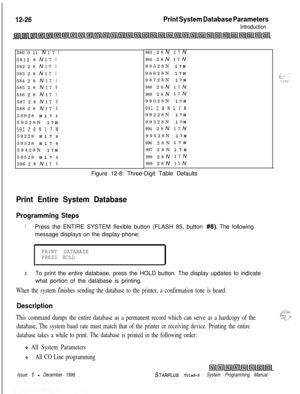 Page 69412-26Print System Database Parameters
Introduction580 0 11N 1 7
N5812 8N 1 7
N582 2 8N 1 7
N583 2 8N 1 7
N584 2 8N 1 7
N585 2 8N 1 7
N586 2 8N 1 7
N587 2 8N 1 7
N588 2 8N 1 7
N58928N17
N59028N 17N
59128N17N59228N17
N59328N17
N59428N 17N
59528N17
N596 2 8N 1 7
N
9832 8 N1 7 N
9842 8 N1 7 N
98528N 17N
98628N 17N
98728N 17N
9882 8 N1 7 N
9892 8 N1 7 N
99028N 17N
99128N17N99228N 17N
99328N 17N
9942 8 N1 7 N
99528N 17N
99628N17N
99728N17N
9982 8 N1 7 N
9992 8 N1 7 N
Figure 12-8: Three-Digit Table Defaults...